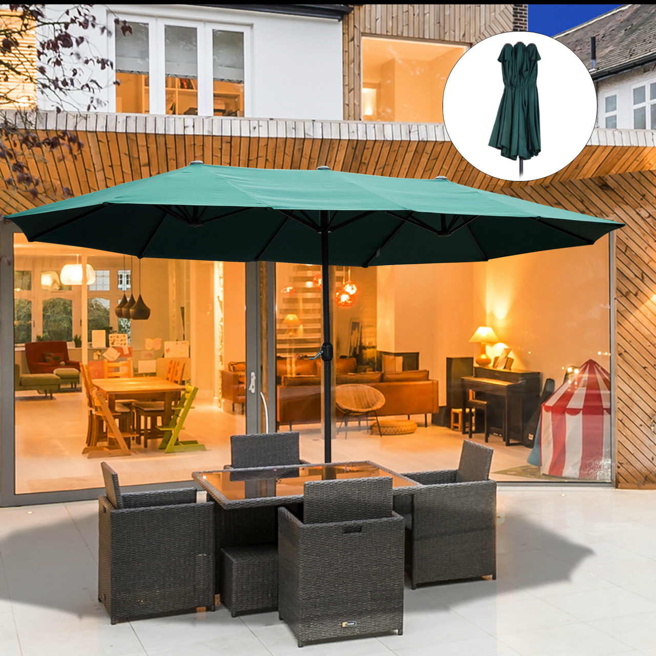 Grote dubbele parasol 460x270 cm donkergroen – Met handslinger voor moeiteloze bediening