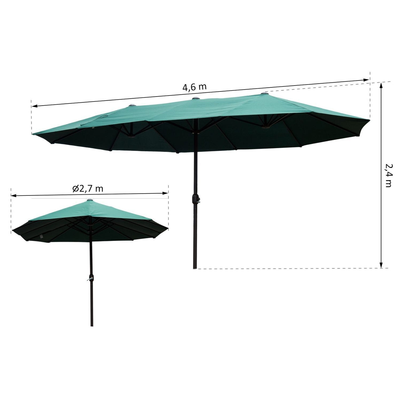Grote dubbele parasol 460x270 cm donkergroen – Met handslinger voor moeiteloze bediening