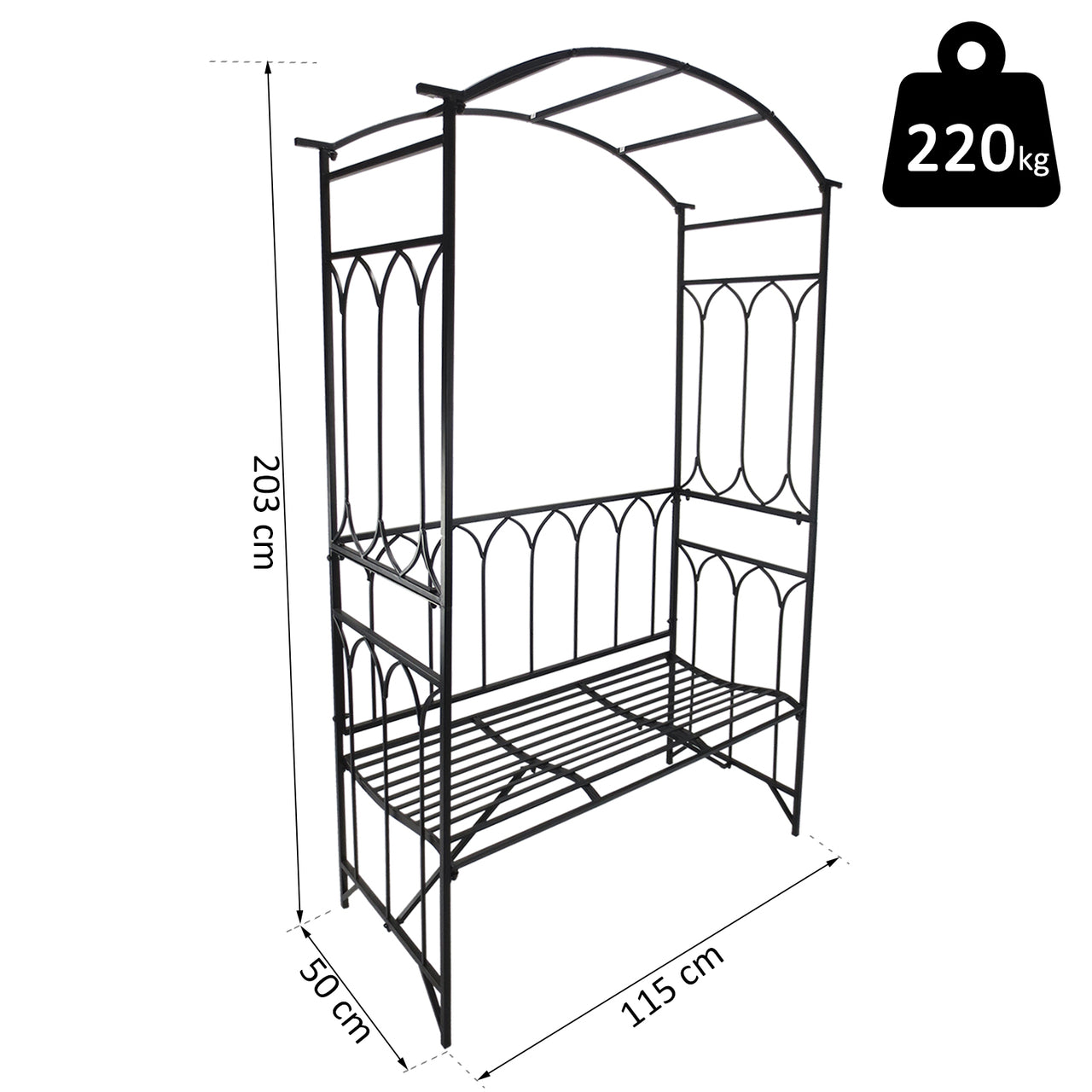 Decoratieve metalen tuinbank met rozenboog – 115x50x203 cm voor tuin of terras
