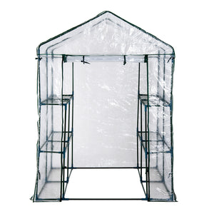 Ruime planten- en tuinkas met schappen – 143x143x195 cm met roestbestendig stalen frame en transparante folie