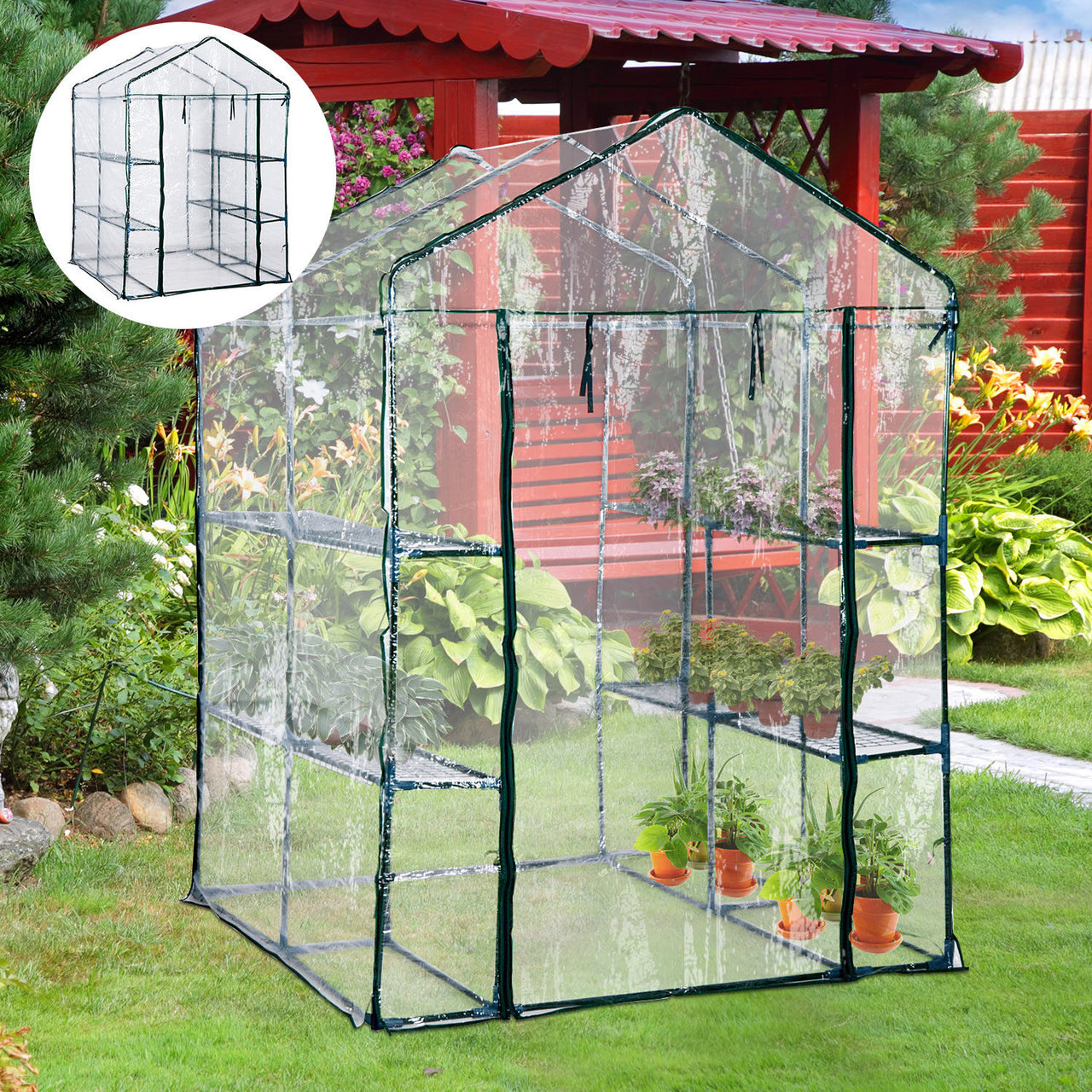 Ruime planten- en tuinkas met schappen – 143x143x195 cm