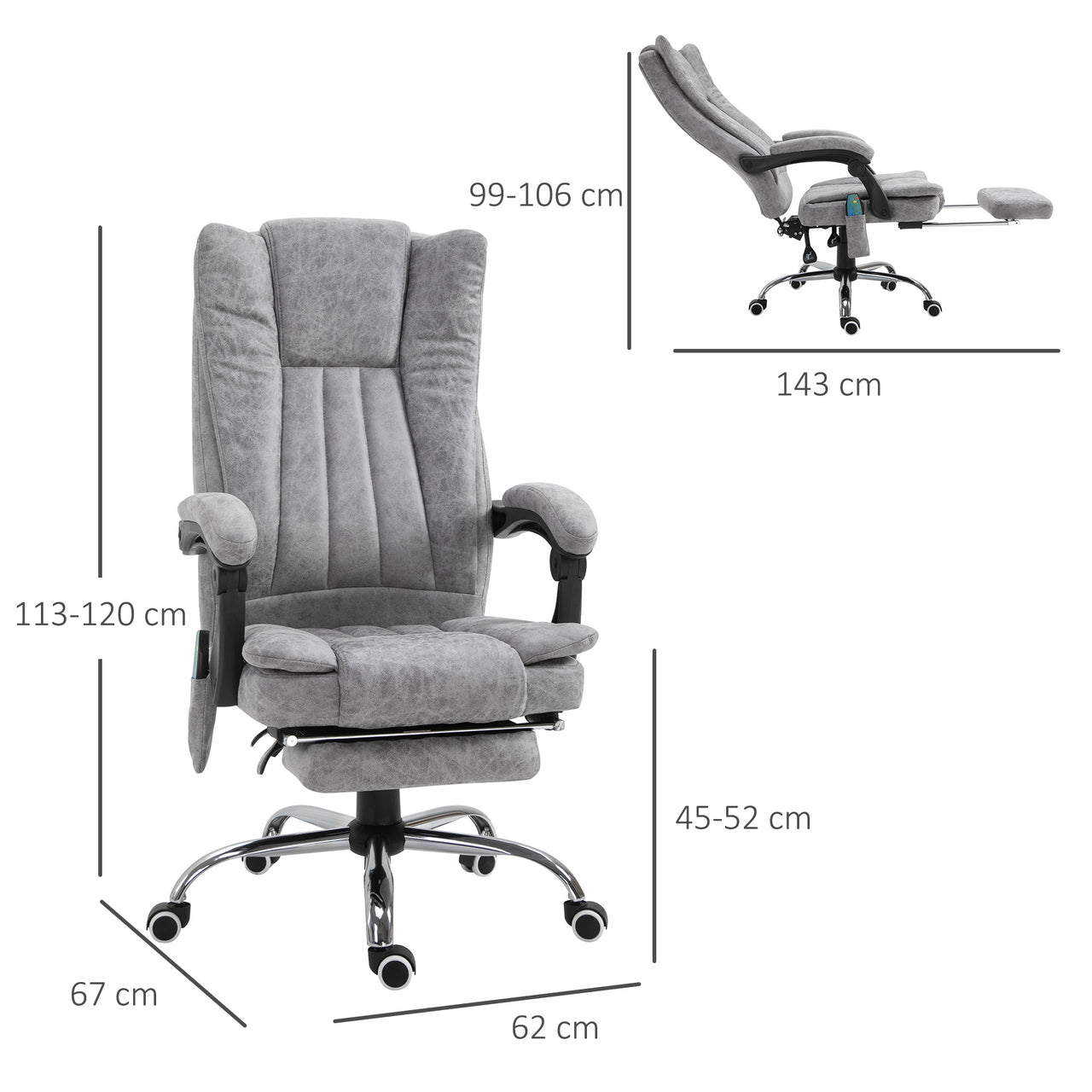 Grijze bureaustoel met massage en verwarming – Ligfunctie voor ultiem zitcomfort