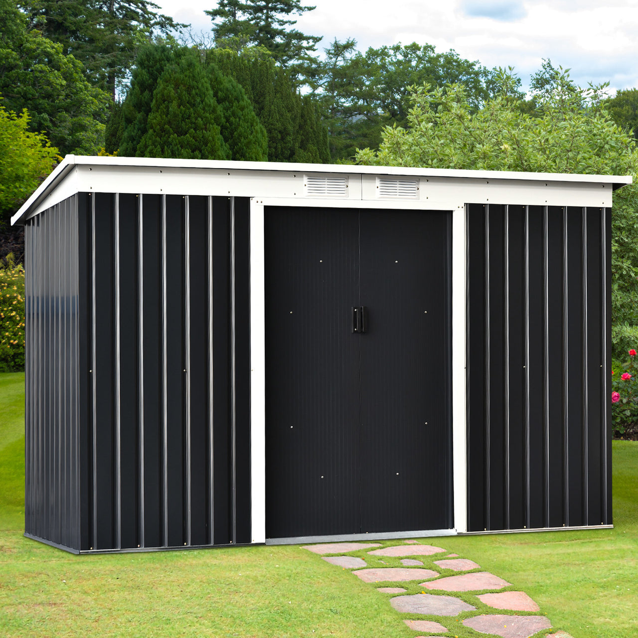 Donkergroen metalen tuinhuis – 277x130x173 cm schuur voor slimme opbergruimte in de tuin