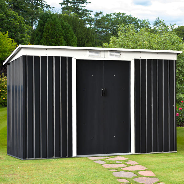 Donkergroen metalen tuinhuis – 277x130x173 cm schuur voor slimme opbergruimte in de tuin