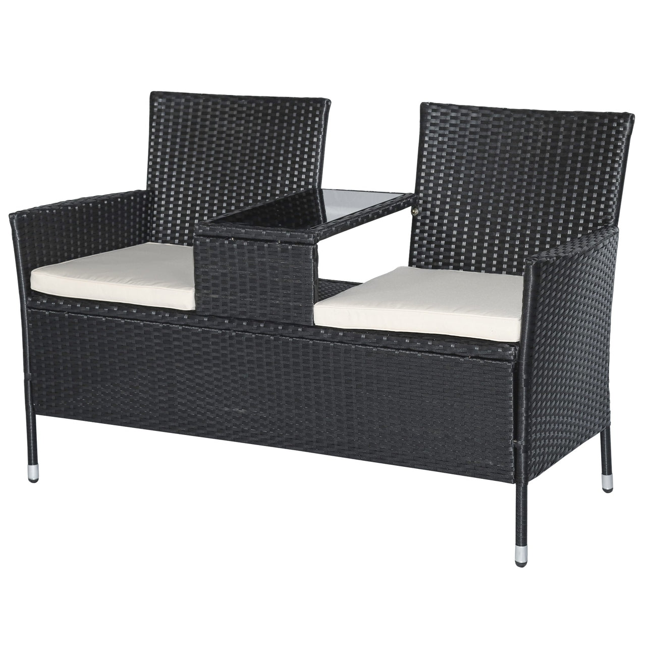 2-zits tuinbank van zwart polyrotan – 133x63x84 cm inclusief comfortabele kussens
