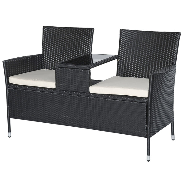 2-zits tuinbank van zwart polyrotan – 133x63x84 cm inclusief comfortabele kussens