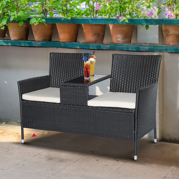 2-zits tuinbank van zwart polyrotan – 133x63x84 cm inclusief comfortabele kussens