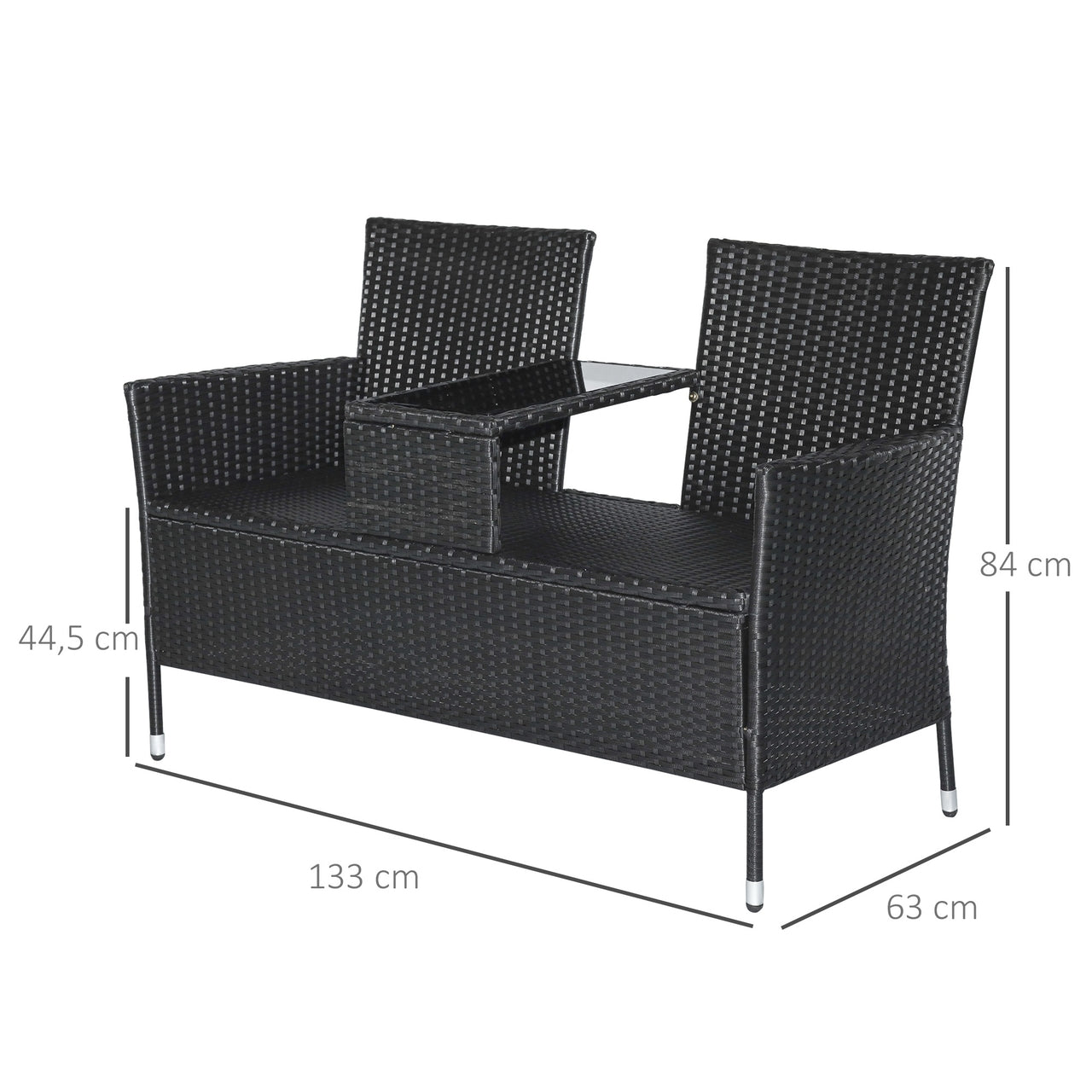 2-zits tuinbank van zwart polyrotan – 133x63x84 cm inclusief comfortabele kussens