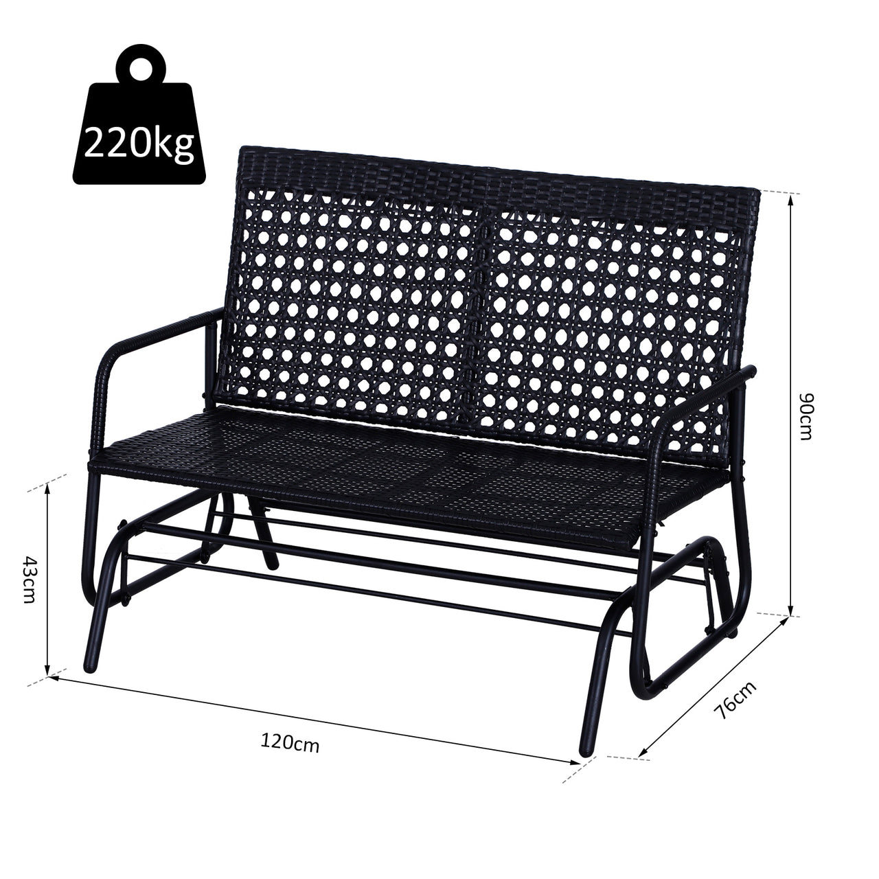 2-zits schommelbank van polyrotan zwart – perfect voor tuin en terras, 120x76x90 cm