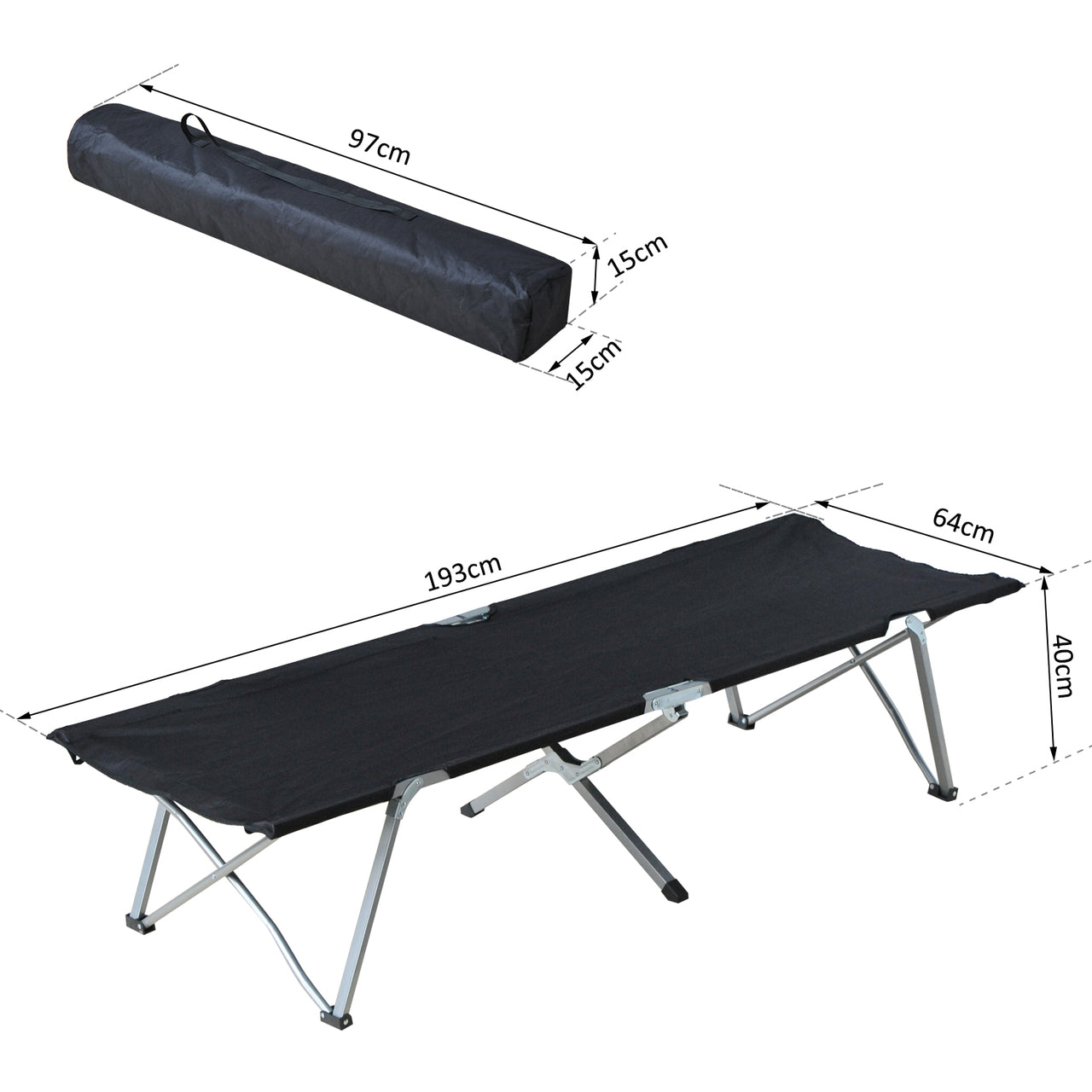Stretcher veldbed zwart – 193x64x40 cm, ideaal voor kamperen en outdoor avonturen
