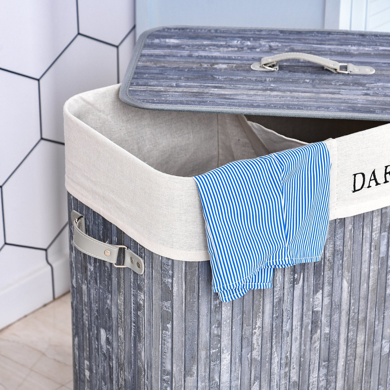 Bamboe wasmand 100L luxe wassorteerder met 2 compartimenten grijs