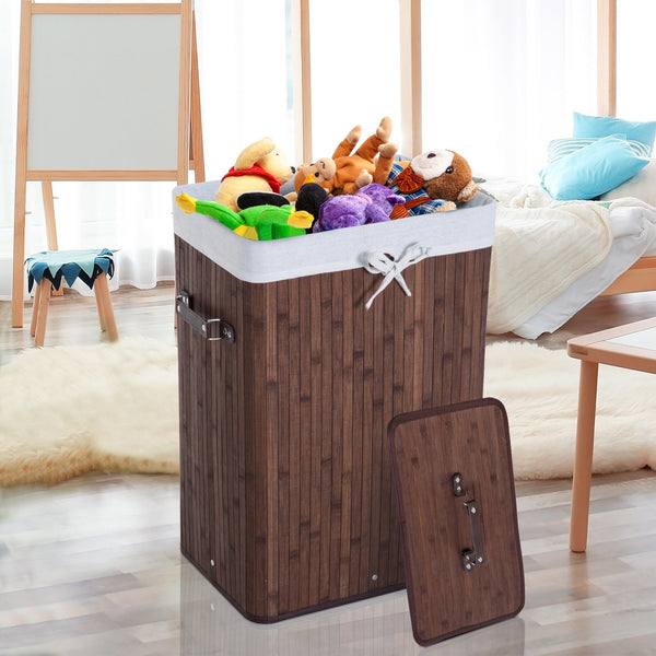 Donkerbruine bamboe wasmand – 72L met waszak en deksel