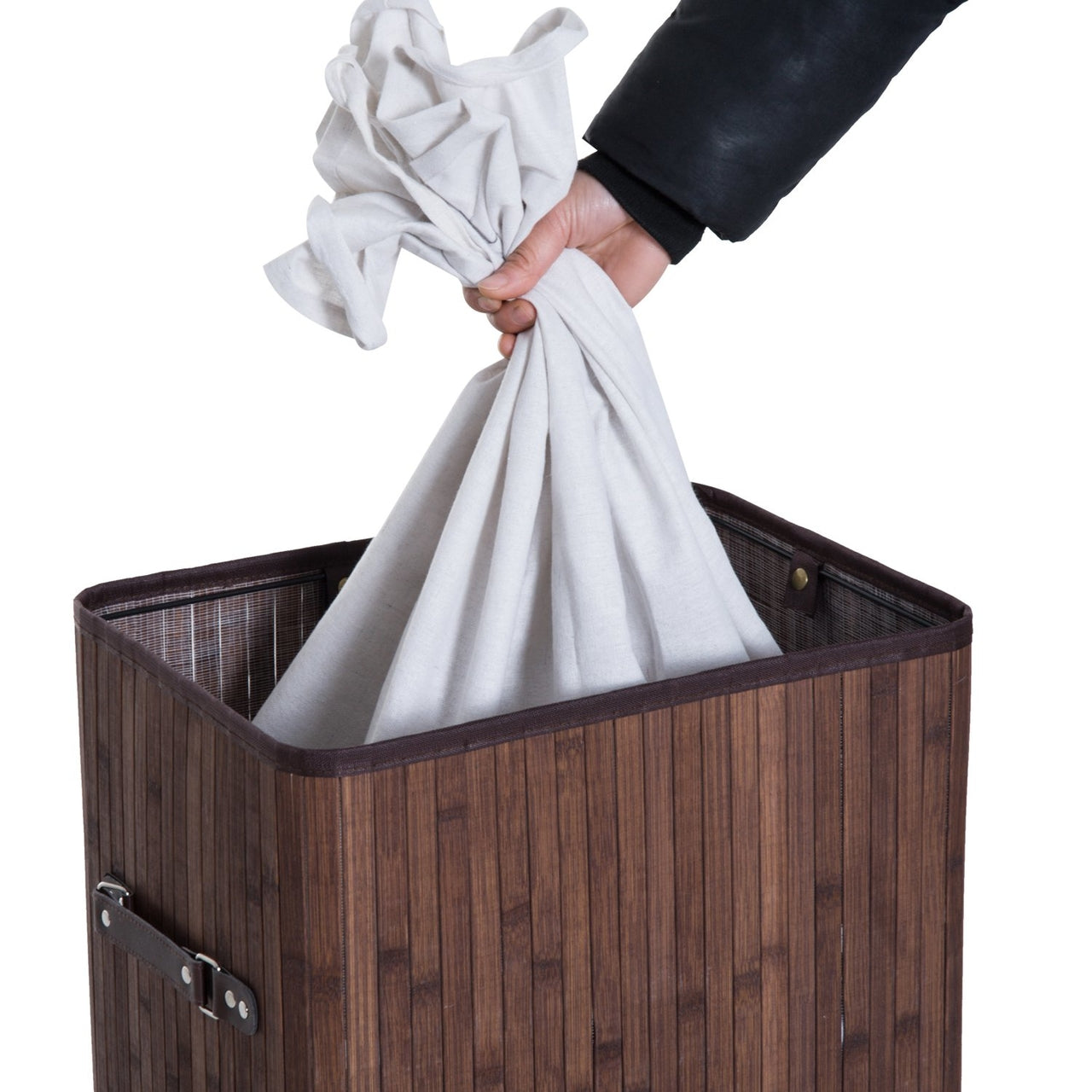 Donkerbruine bamboe wasmand – 72L met waszak en deksel
