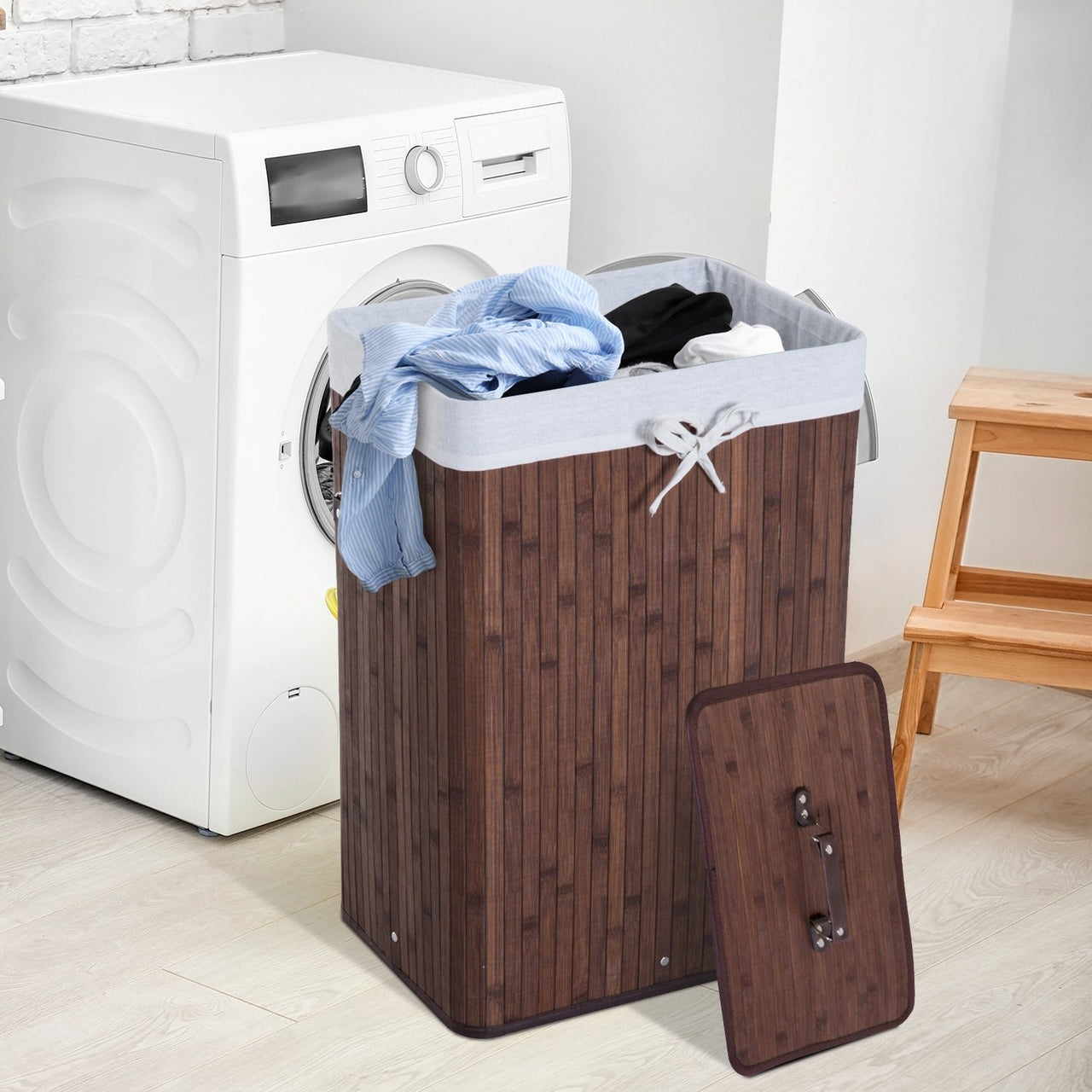 Donkerbruine bamboe wasmand – 72L met waszak en deksel