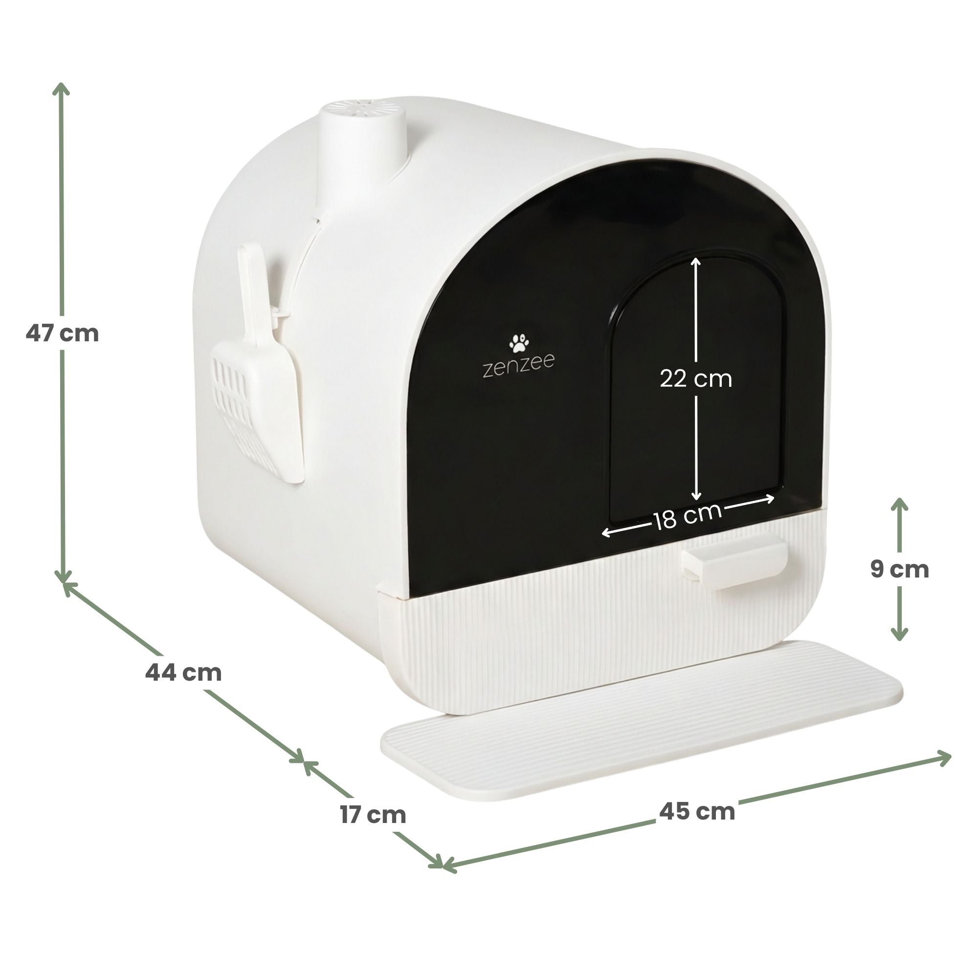 Witte kattenbak met uitneembare lade, kattenbakmat & schepje – hygiënisch design | Zenzee met afmetingen en toegangsluik