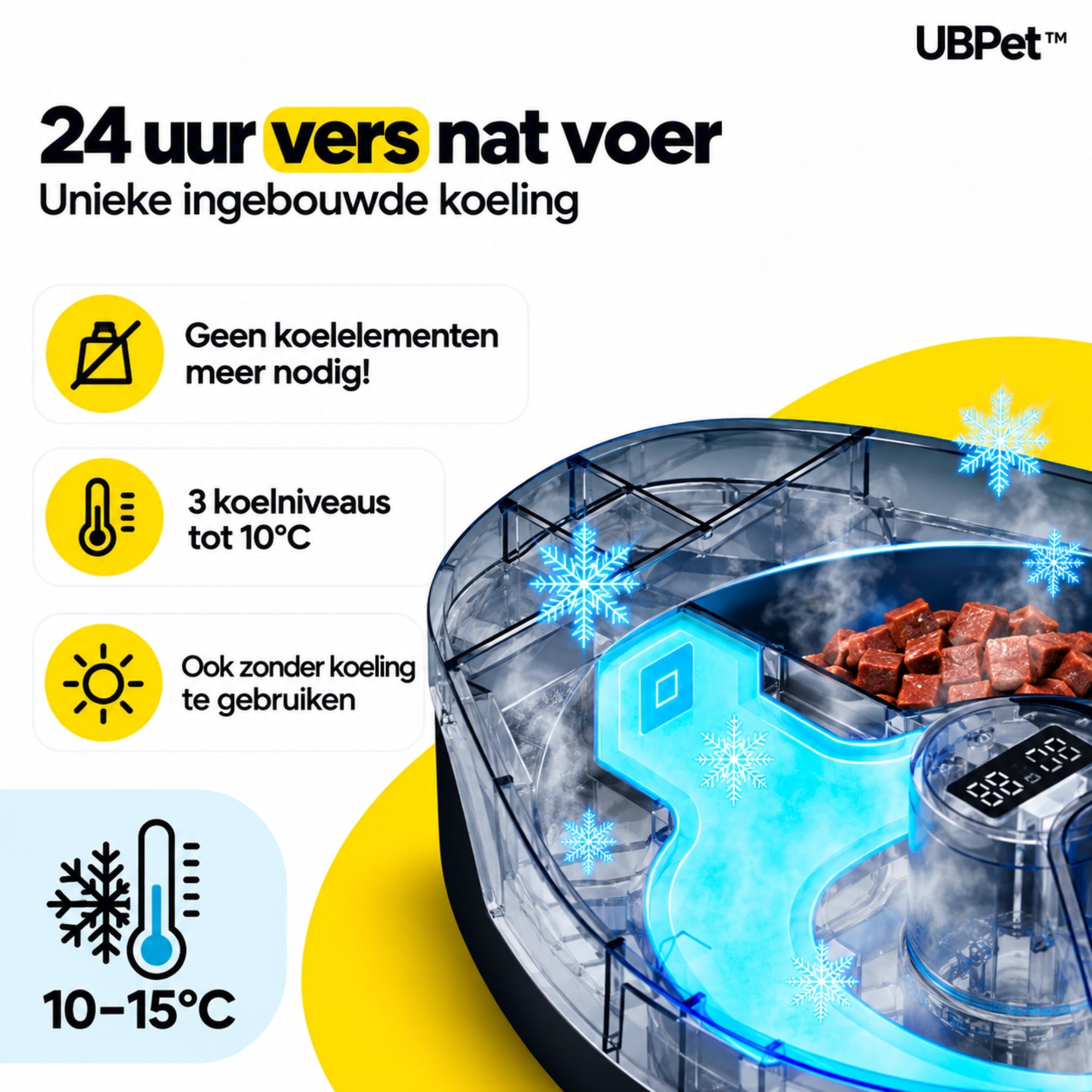 UBpet F10 automatische voerbak – met koeling en 5 compartimenten, vers nat voer met ingebouwde koelfunctie tot 10°C.