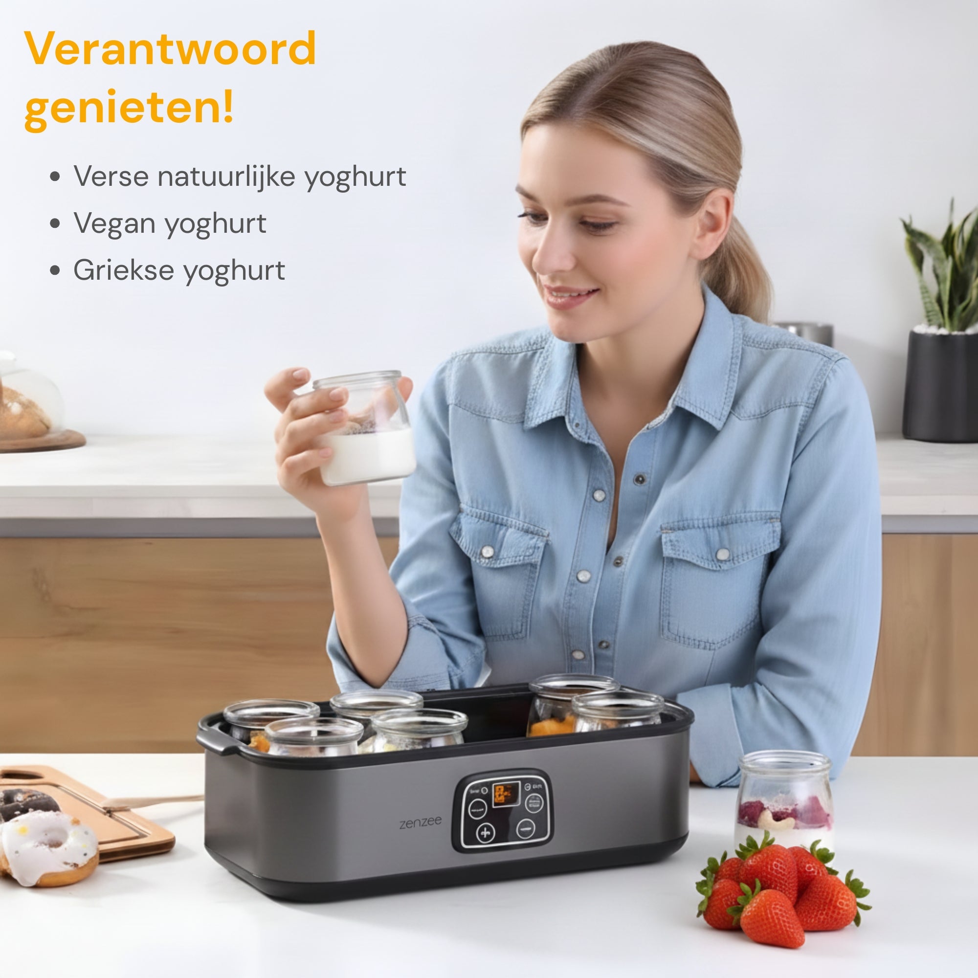 Yoghurtmaker van RVS Antraciet – met 8 glazen potten voor verse huisgemaakte yoghurt | Zenzee (kopie) met digitaal display en diverse soorten yoghurt.