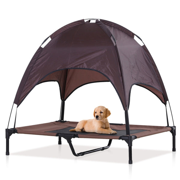 Honden ligbed met zonnedak bruin-zwart XL 92x76x90 cm – Comfort en schaduw voor je hond
