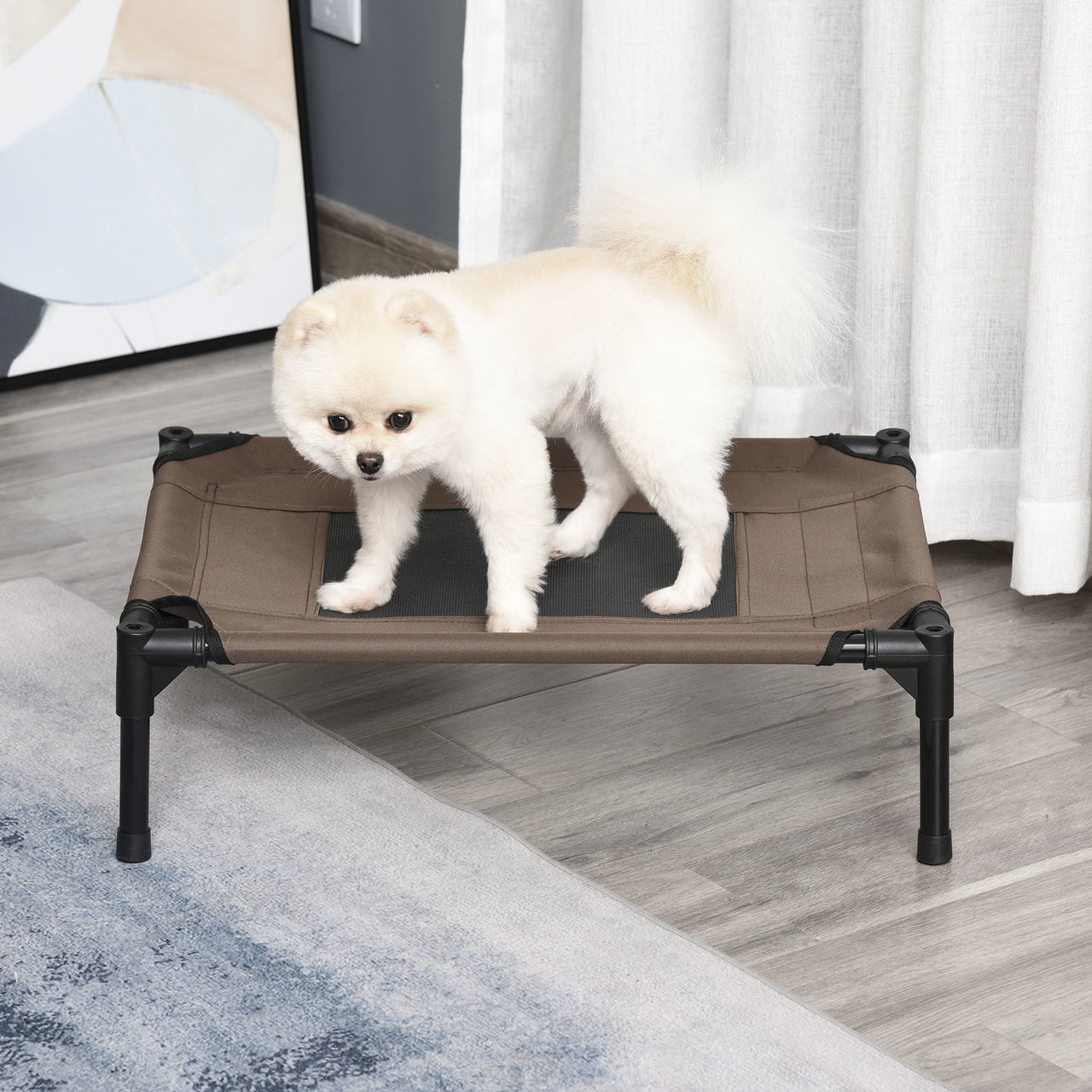Honden ligbed met zonnedak bruin-zwart M 61x46x61 cm – Comfortabel en schaduwrijk ligbed voor je hond