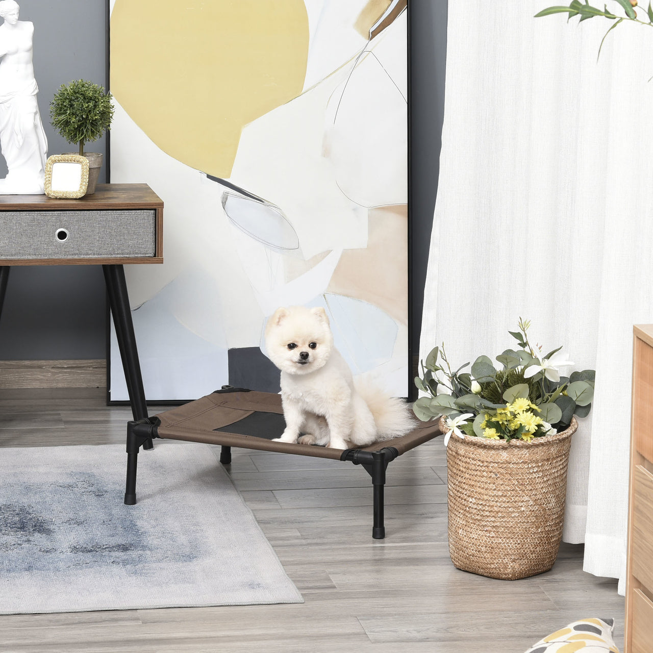 Honden ligbed met zonnedak bruin-zwart M 61x46x61 cm – Comfortabel en schaduwrijk ligbed voor je hond