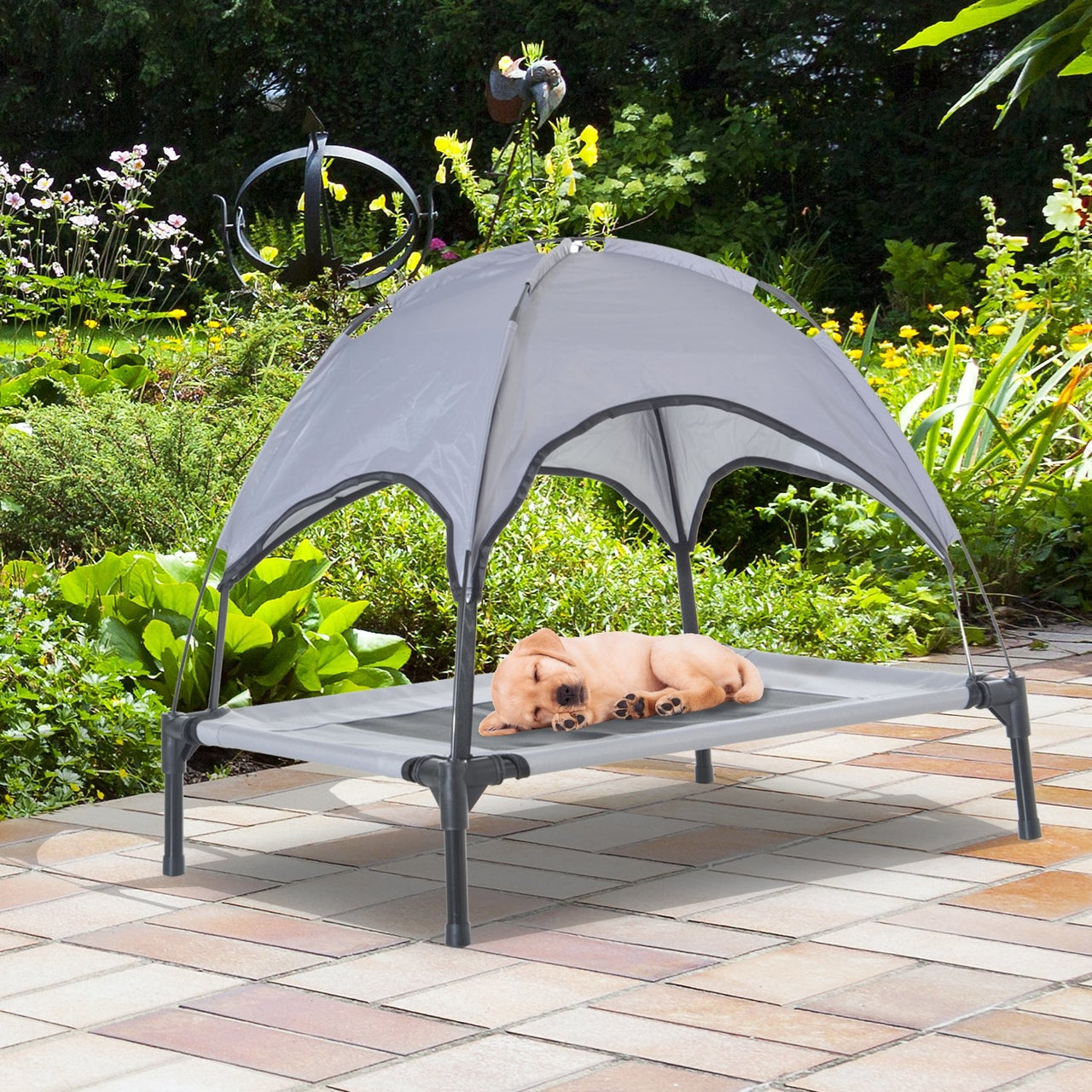 Honden ligbed met zonnedak grijs-zwart M 61x46x61 cm – Compact ligbed met comfort en schaduw voor je hond
