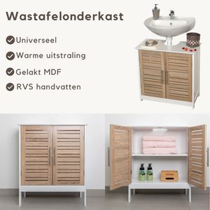 Badkamerset met wastafelonderkast en kolomkast wit/eiken complete set met gelakte MDF en RVS handvatten voor warme uitstraling