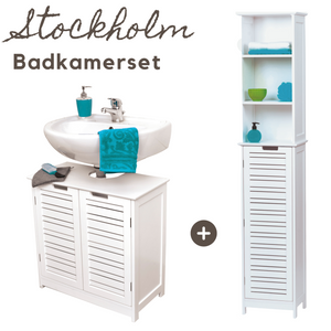 Badkamerset wit – Wastafelonderkast en kolomkast met strak design, praktische opbergruimte en frisse witte afwerking