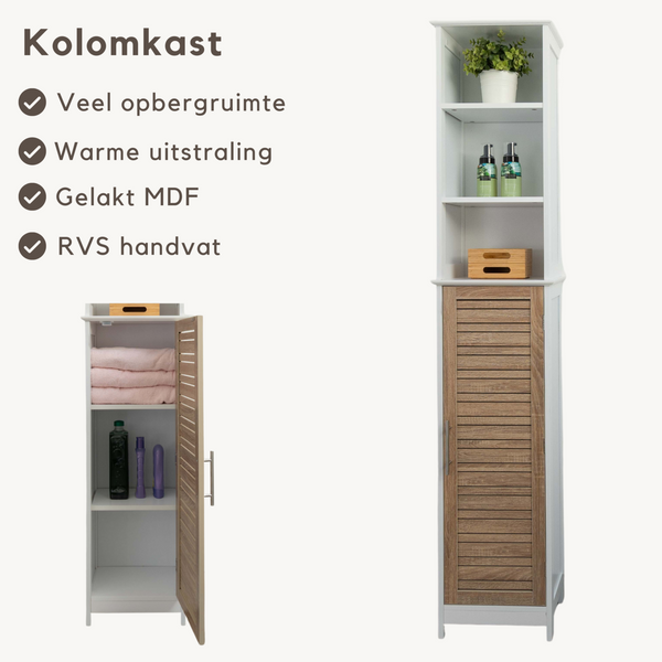 Badkamer kolomkast wit-eiken 173 cm – Smalle kast met veel opbergruimte en modern design