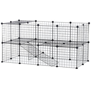 Ruime zwarte konijnenren 146x73x73 cm voor cavia’s en hamsters – modulair ontwerp met veilige, comfortabele speelruimte