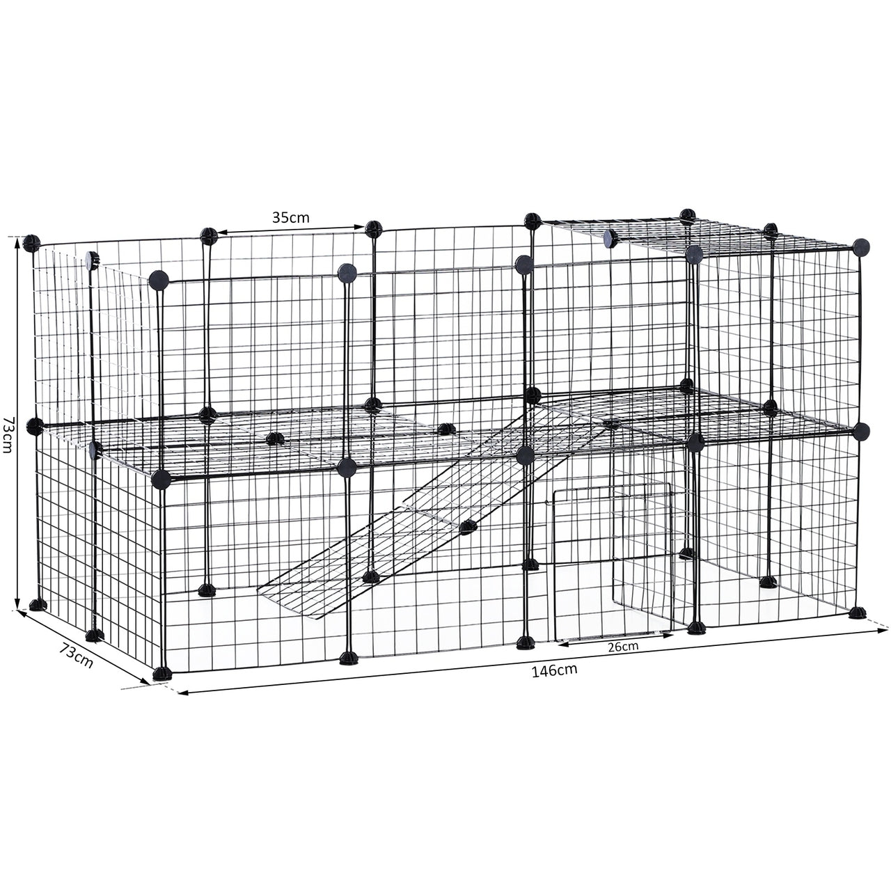 Ruime zwarte konijnenren 146x73x73 cm voor cavia’s en hamsters – Veilig en comfortabel