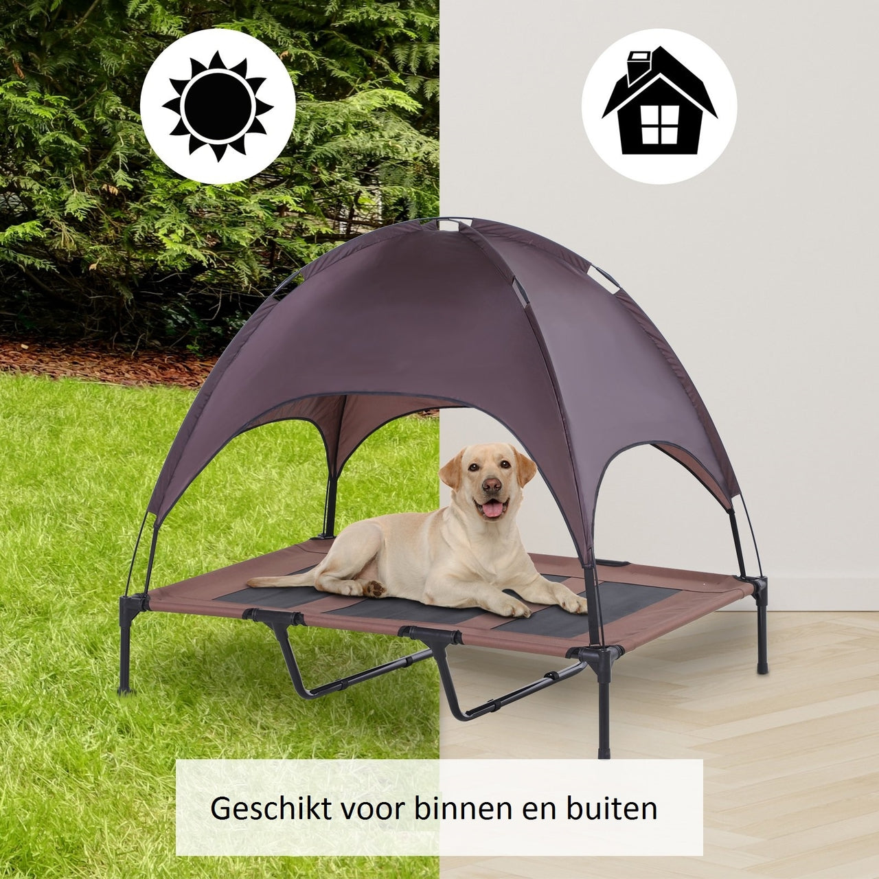 Comfortabel honden ligbed met zonnedak XXL 122x92x108 cm – Bruin zwart voor ultiem gemak en schaduw