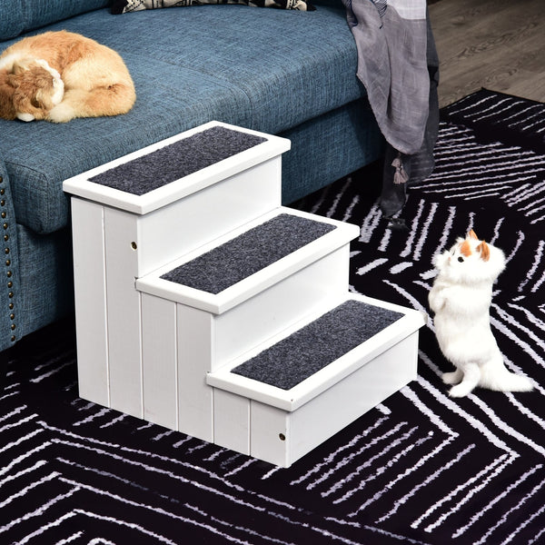 Witte houten hondentrap met tapijt 40,5x44,5x38 cm – Veilig en comfortabel voor kleine honden