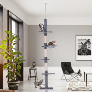 Verstelbare krabpaal grijs 230–260 cm – Compact model met plafondspanner voor klimplezier en rustplaatsen voor katten