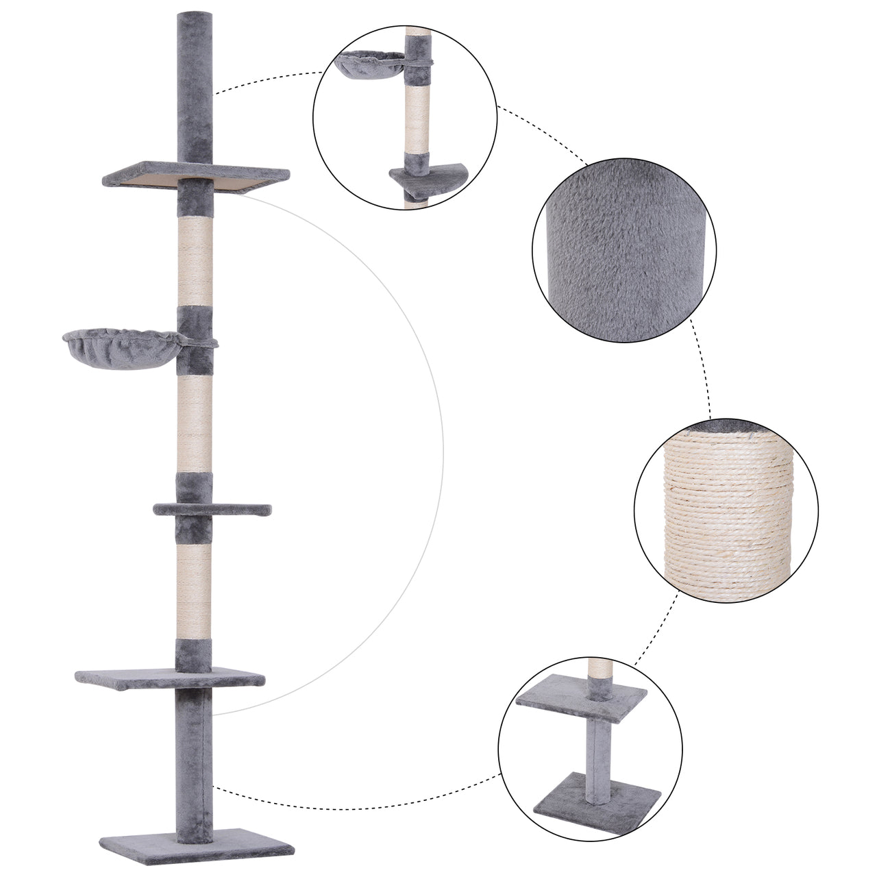 Verstelbare krabpaal grijs 230–260 cm – Compact model met plafondspanner en speelplezier