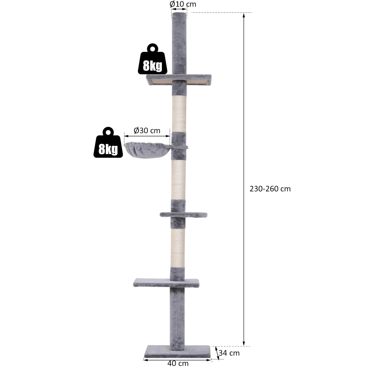 Verstelbare krabpaal grijs 230–260 cm – Compact model met plafondspanner en speelplezier