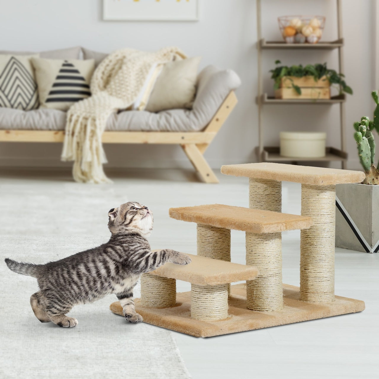 Crème hondentrap met 3 treden 45x35x34 cm – Ideaal voor kleine honden en katten