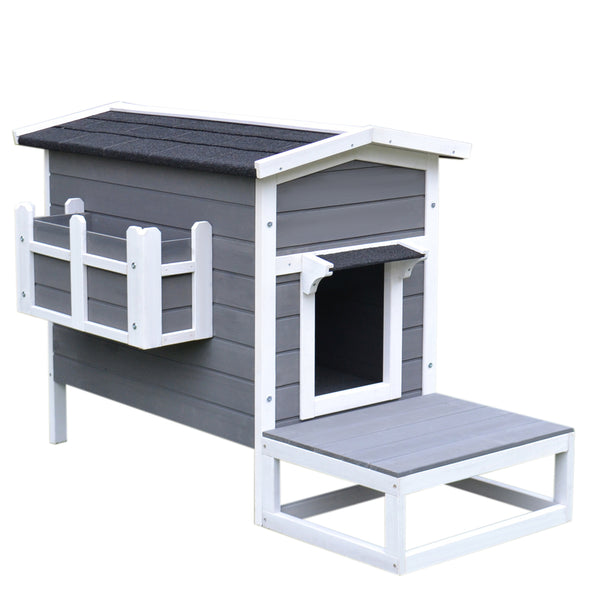 Kattenvilla met terras 115x67x75 cm – Houten kattenhuis met ruime slaap- en speelruimte