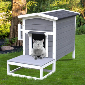 Kattenvilla met terras 115x67x75 cm – Houten kattenhuis met ruime slaap- en speelruimte, veilige buitenplek voor katten
