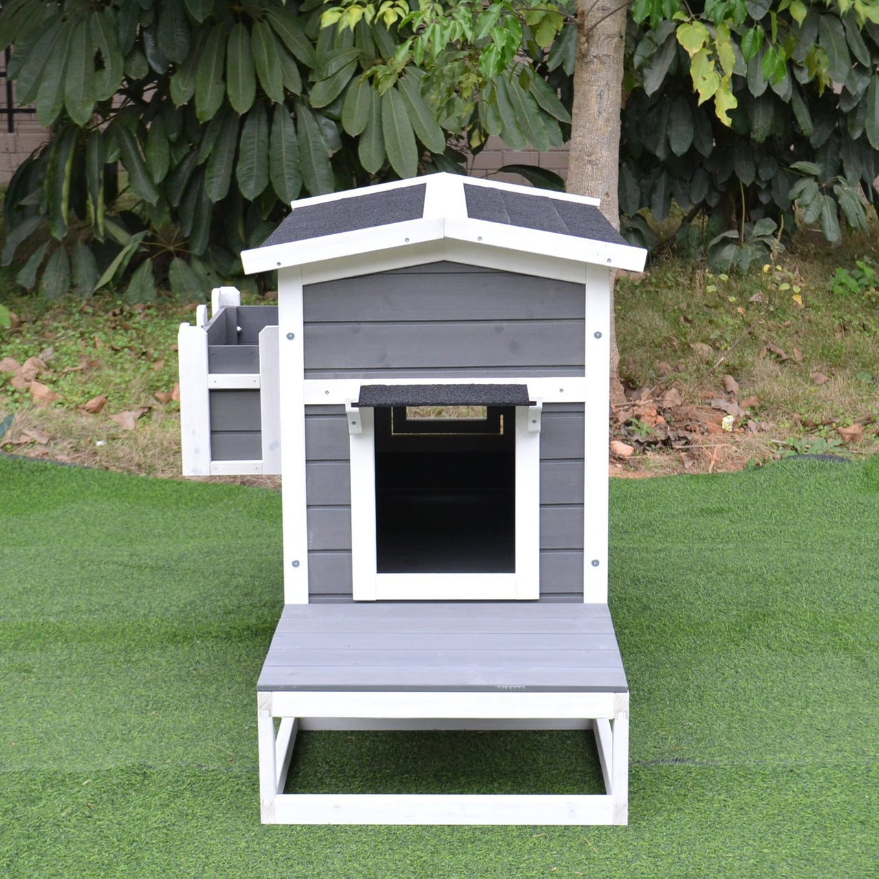 Kattenvilla met terras 115x67x75 cm – Houten kattenhuis met ruime slaap- en speelruimte