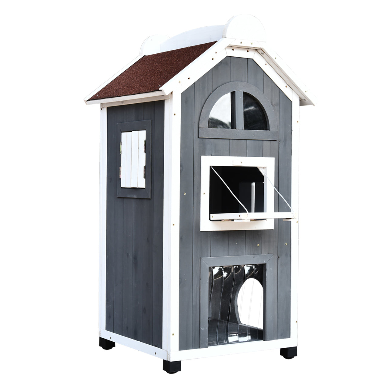 Grijze kattenvilla met terras 109x55x59 cm – Ruim kattenhuis voor ontspanning en avontuur
