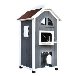 Grijze kattenvilla met terras 109x55x59 cm – Ruim kattenhuis voor ontspanning en avontuur in moderne grijze en witte stijl