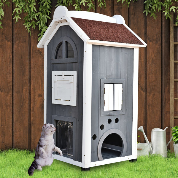 Grijze kattenvilla met terras 109x55x59 cm – Ruim kattenhuis voor ontspanning en avontuur