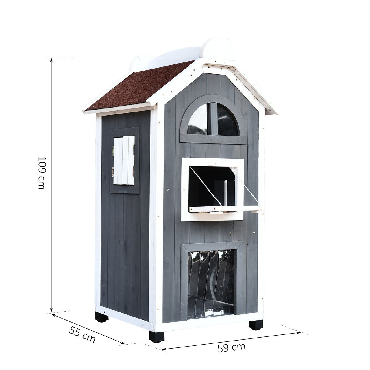 Grijze kattenvilla met terras 109x55x59 cm – Ruim kattenhuis voor ontspanning en avontuur