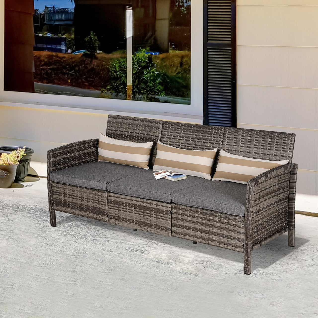 Stijlvolle 3-zits tuinbank 173x68x78 cm – Polyrattan zitcomfort met dikke kussens