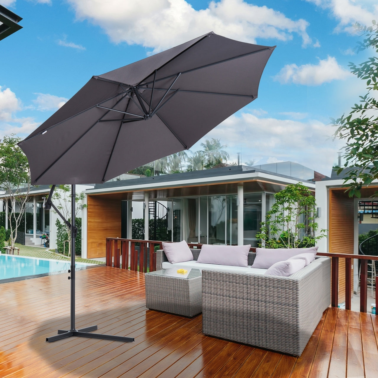 Robuuste grijze zweefparasol – ø3 x 2,5 m met handslinger en waterafstotend doek