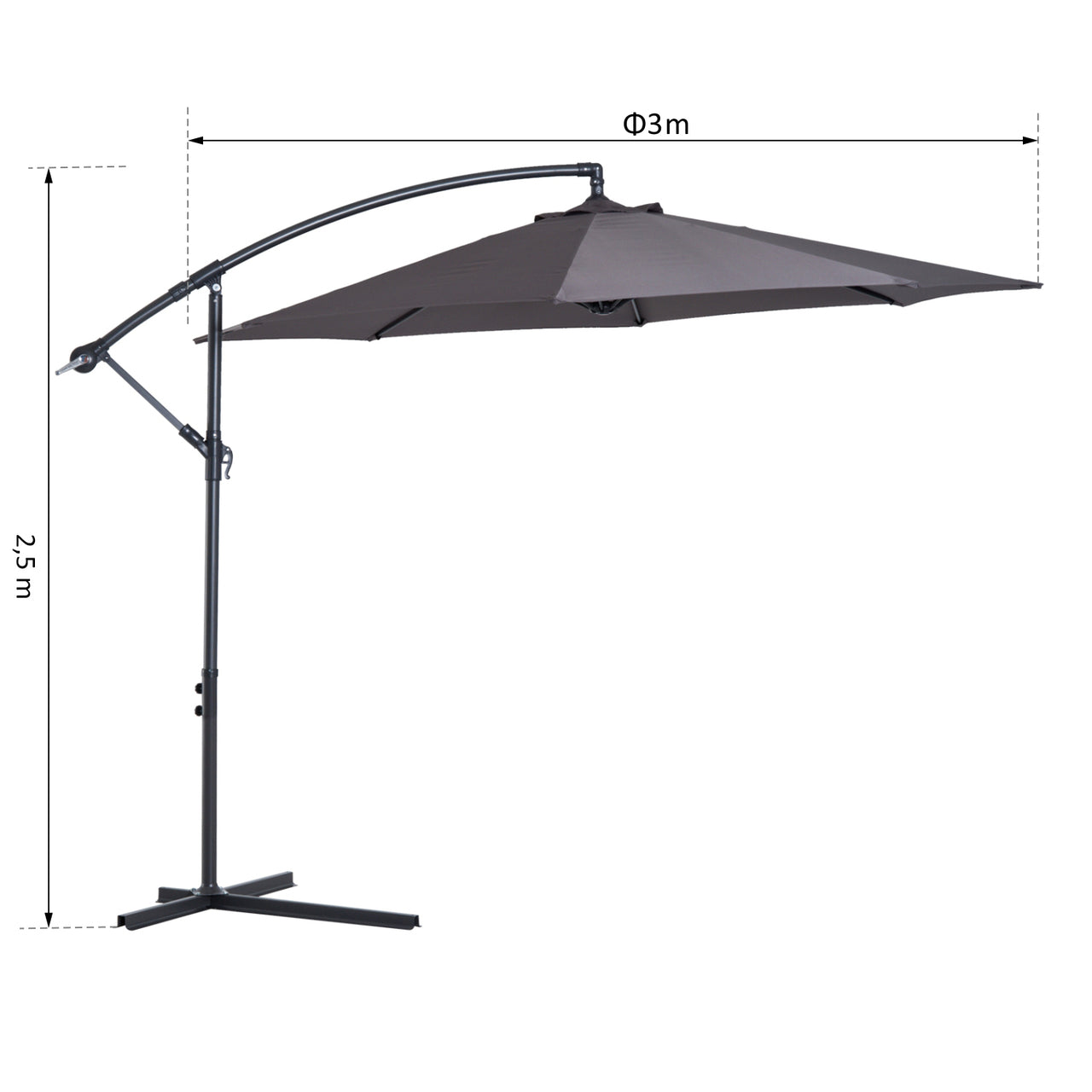 Robuuste grijze zweefparasol – ø3 x 2,5 m met handslinger en waterafstotend doek