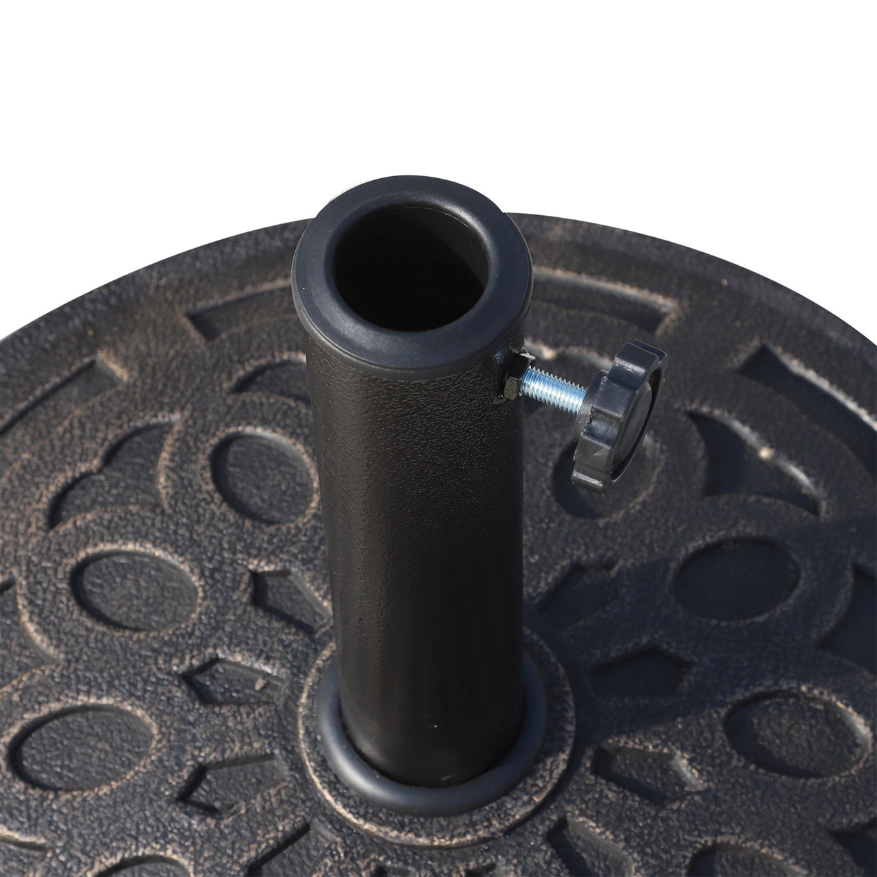 Stevige zwarte parasolvoet 14 kg – rond 44 x 33 cm met 2 adapters