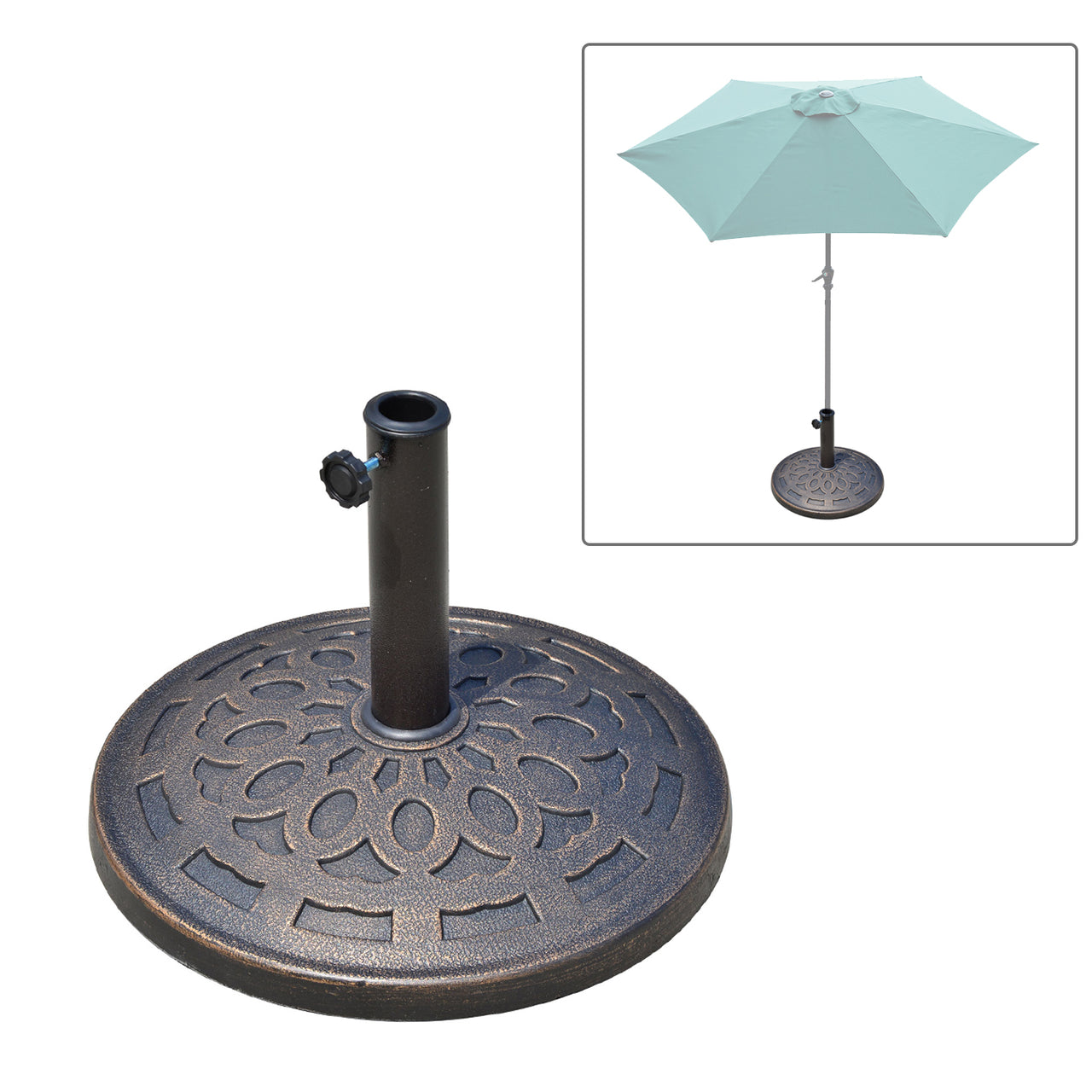 Stevige zwarte parasolvoet 14 kg – rond 44 x 33 cm met 2 adapters