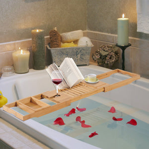 Verstelbare Bamboe Badplank met Houder – 75–109 cm, geschikt voor badkuip met boekenhouder en ruimte voor drankje en accessoires