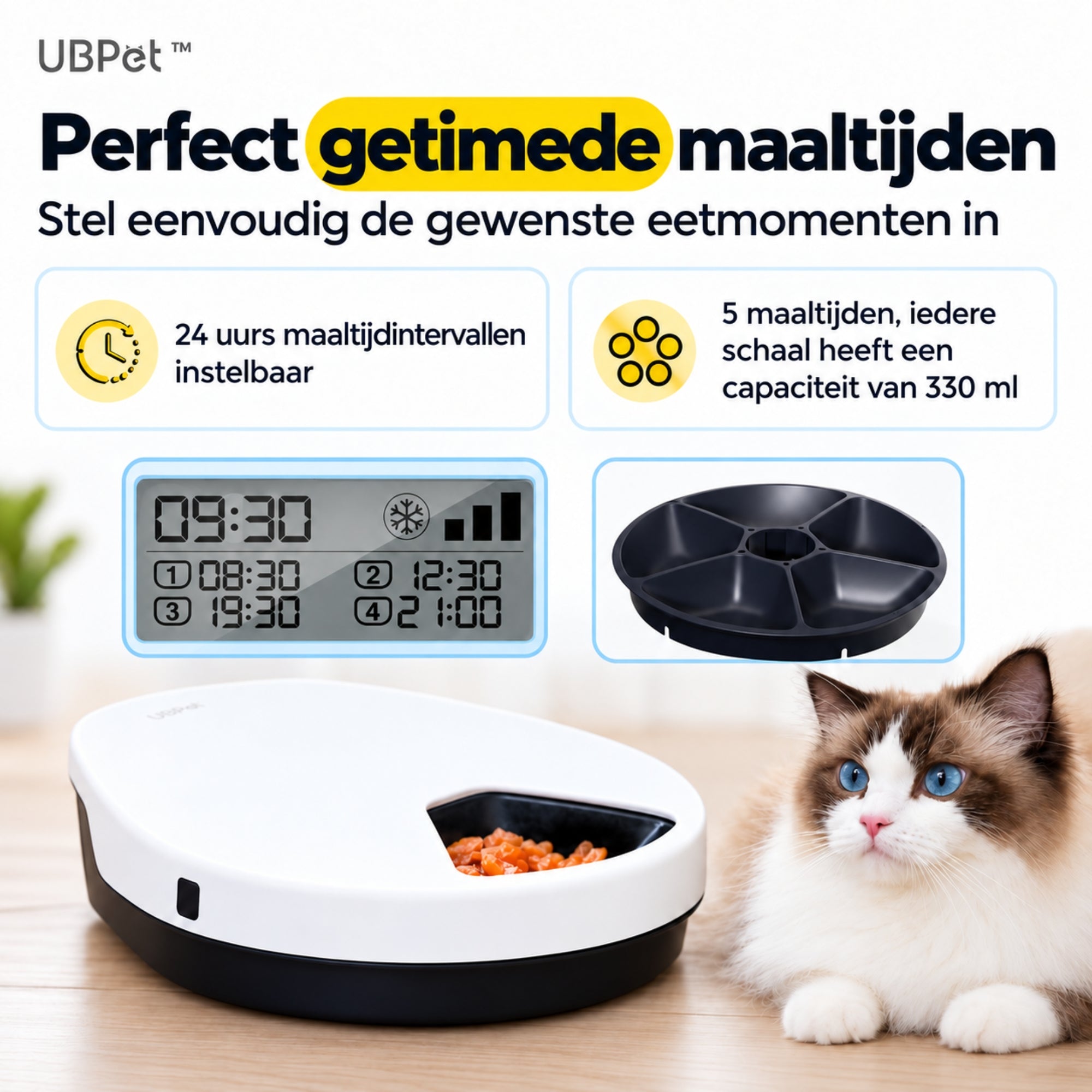 UBpet F10 automatische voerbak – met koeling en 5 compartimenten voor perfect getimede maaltijden huisdieren